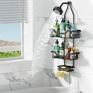 Shower Caddy Hanging Adjustable Shower Caddy, Rustproof Shower Organizer Extended Length Shower Caddies Over Shower Head with Hooks Soap Holder, Large Capacity Anti-Swing Bathroom Storage, Black