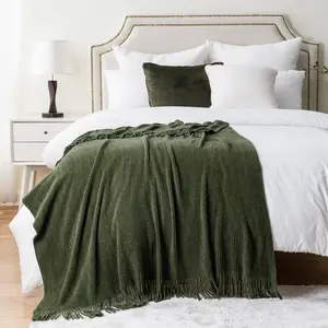 Battilo | Chenille Decorative Blanket for Couch Bed Sofa, Soft Chenille Knit Throws with Tassels for Home Decor, Green Throws for Couch Cover