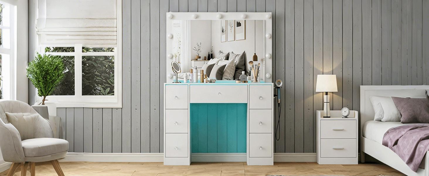 Vanity with Power Outlet and 11 Lights, Mirrored Dressing Table with 7 Drawers, Suitable for Bedrooms and Dressing Rooms, White Finish Makeup Dresser Makeup Storage Desk