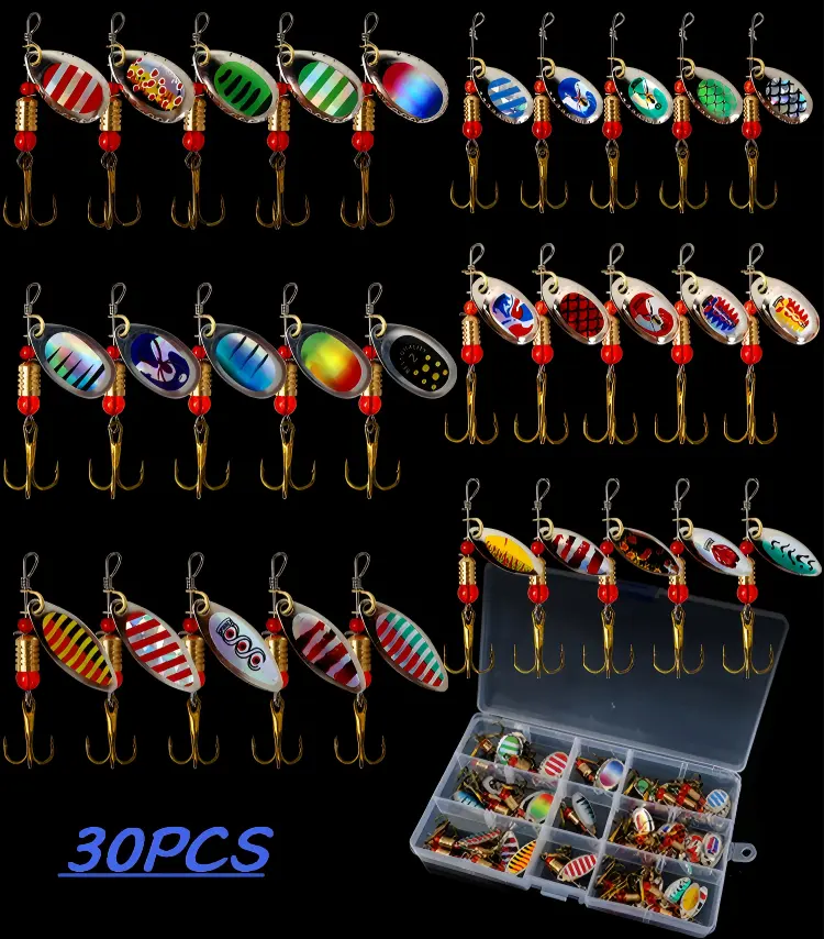 30Pcs Rotating Topwater Spoon Baits Kit - Assorted Styles High-Attract Artificial Fish-Shaped Lures with Hooks, Metal Blades & Reflective Shine, Outdoor Bass Fishing Gear Supplies