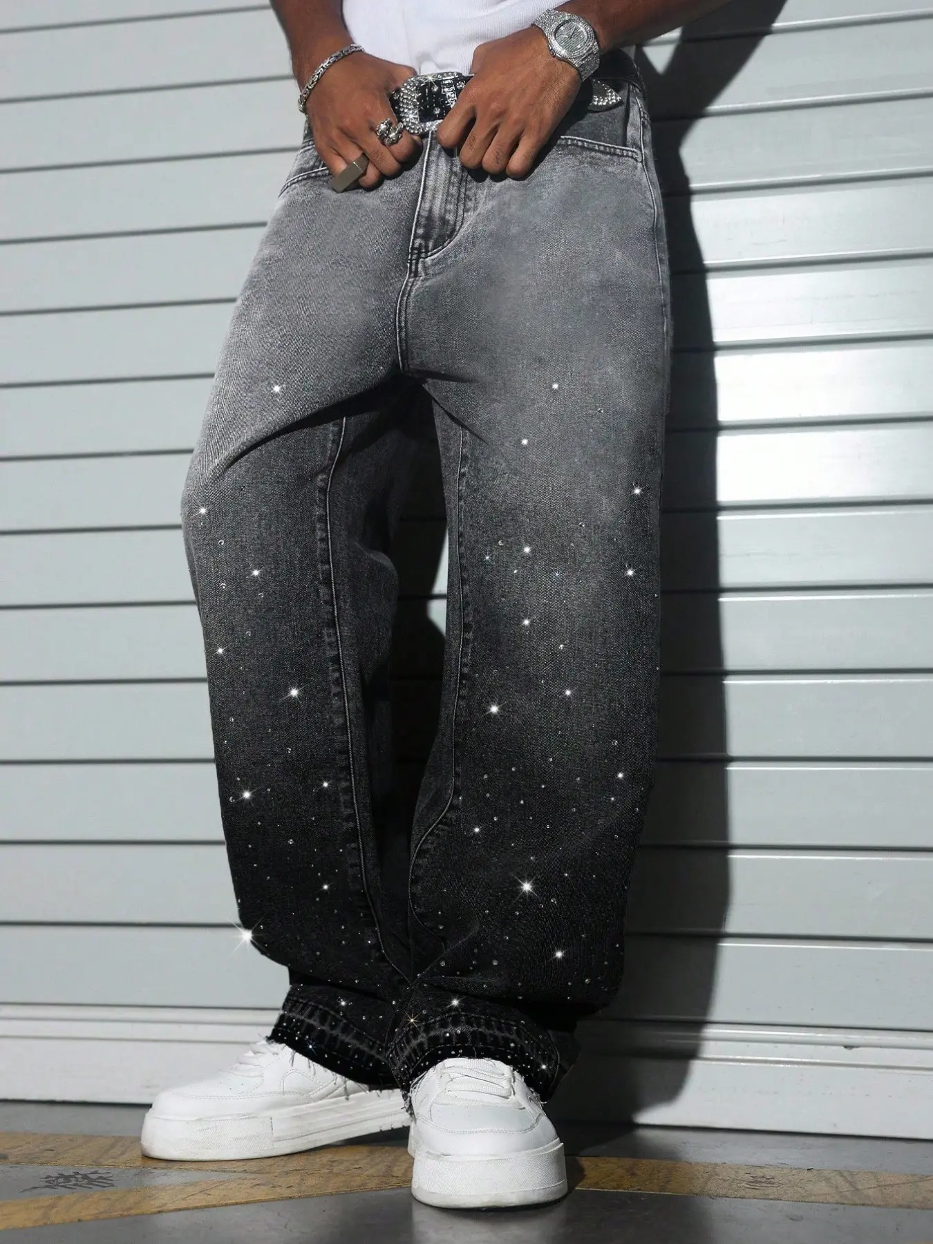 Men's American High Street Fashion Rhinestone Jeans, Distressed Denim Sparkly Loose Fit Oversized Straight Leg Pants