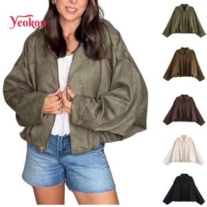 Yeokou Women's Faux Suede Oversized Long Sleeve Solid Minimalist Pleated Lapel Zip-Up Bomber Jacket - Pilot Coat Tops for Fall Motorcycle Streetwear Outfits Inspo Longsleeves Clothes Outerwear