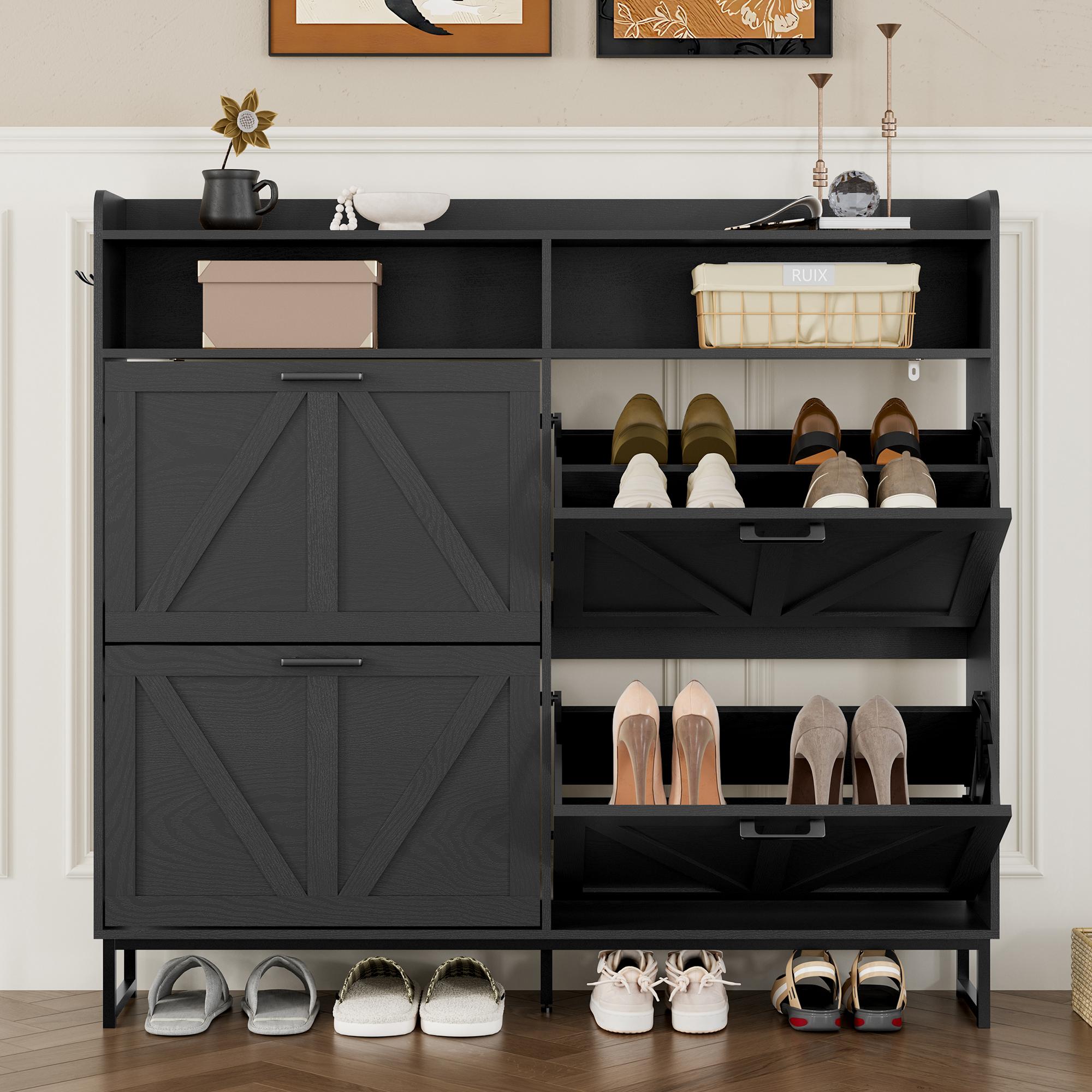 Shoe Cabinet with 4 Flip Drawers, Freestanding Hidden Shoe Storage Organizer for Entryway, Narrow Slim Shoe Rack Cabinet with Open Storage & Hooks for Front Door Entrance, Living Room, Hallway, Black