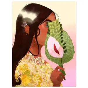Ecuadorian Woman Folk Art Poster - Hair & Flowers Cultural Print - Domingo de Ramos