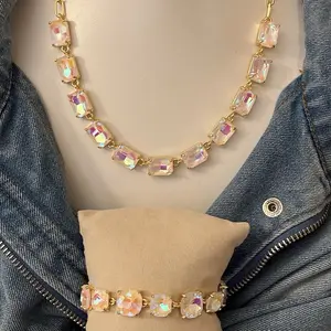 The Rhyan Necklace and Bracelet White AB Jewel Candy Vibes Necklace with Iridescent Stones and Gold Chain