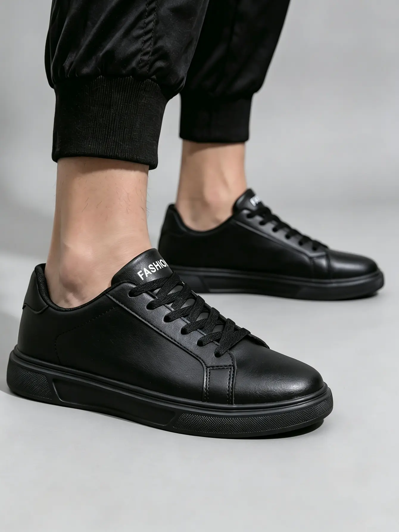 Men’s Classic Full Black Closed Leather Low-Top Skate Footwear - Water-Resistant, Easy-Clean, Cushioned, Non-Slip Lace-Up Athletic Training Shoes for Work, Street, Walking Shoes