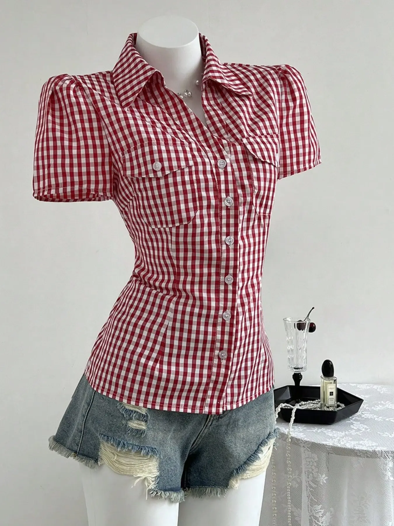 Women's Summer Gingham Short Sleeve Shirt Blouse, Slim-Fitting Casual Button Down Top, Button Down Collared, Button Up Top, Korean Style Lapel Design, Casual Lapel Neck, Perfect for Daily Wear Plaid, Casual Everyday Tops