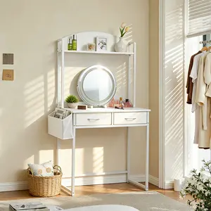 Makeup Vanity Desk with LED Lights and Power Outlet (No Mirror), Freestanding Desk with Side Bag & 2 Fabric Drawers, Home Office Desk with  Shelves, Study Writing Gaming Table for Bedroom, White