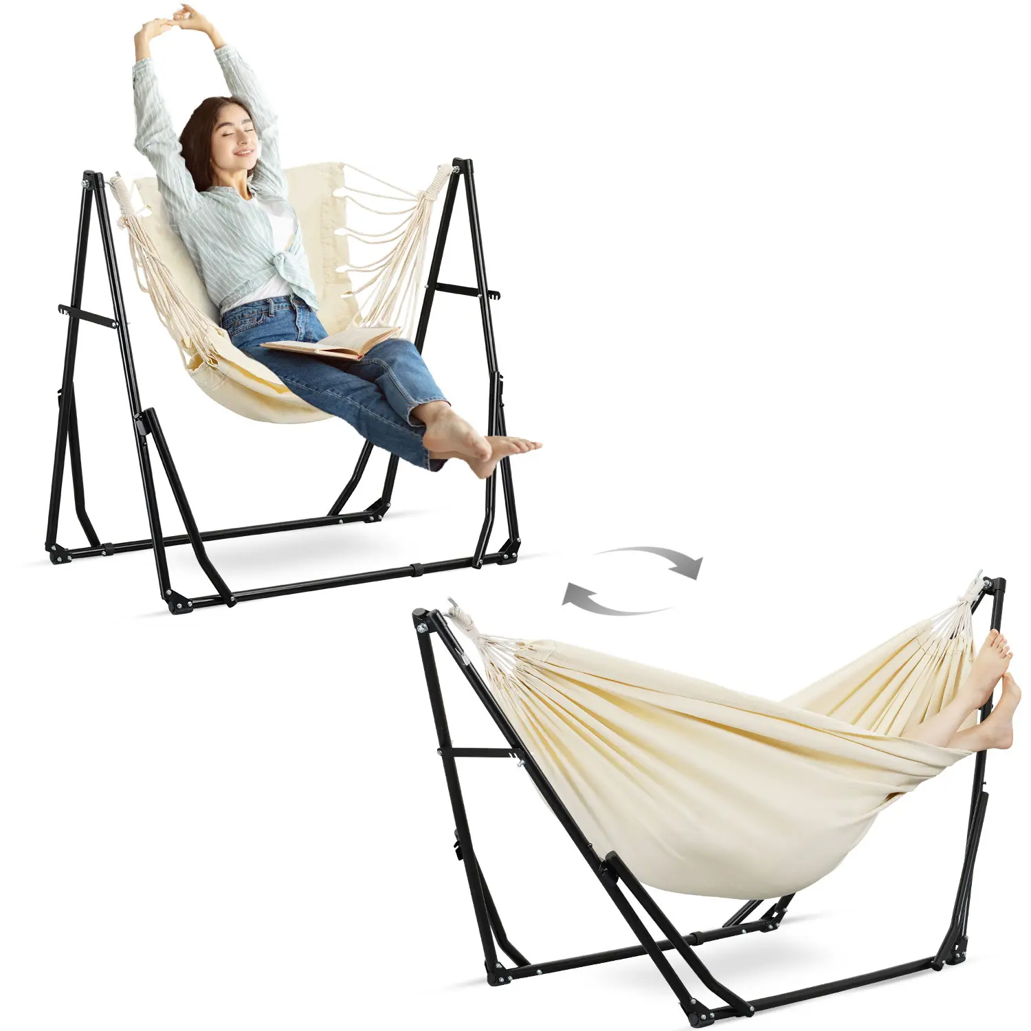 2-1 Hammock Camping Hammock Chair with Stand Black Max 350 lbs Capacity for Hammock Camping Outdoor Double Fabric, Modern Aesthetic Design Minimal Portable Compact Easy Setup