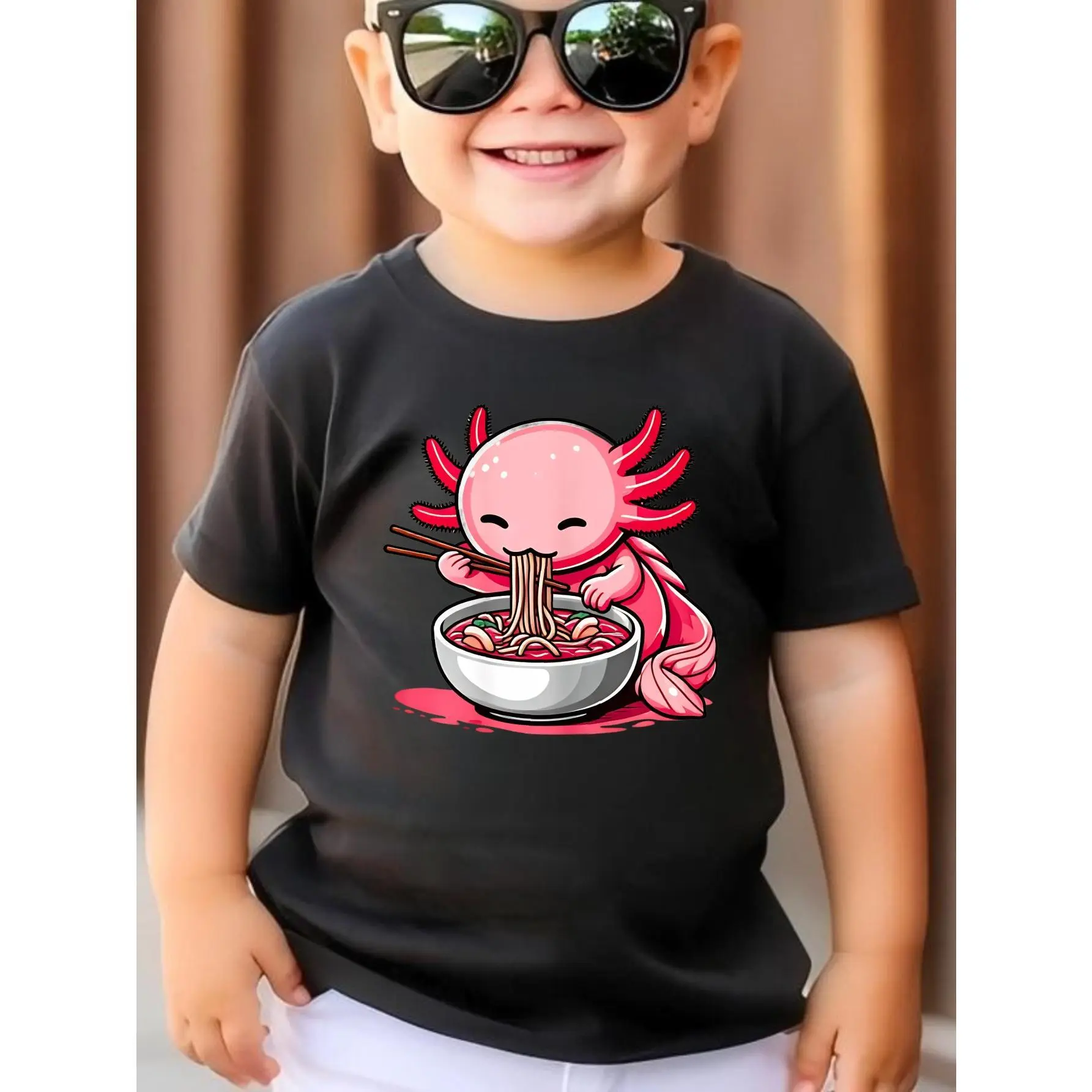 Pink Axolotl Eating Noodles Unisex T-shirt girl clothes kids clothing stocking stuffers teenage boys country boy clothes boys clothing kids stuff for boys kids stuff for girls stocking stuffers for girls youth clothing cute school tops