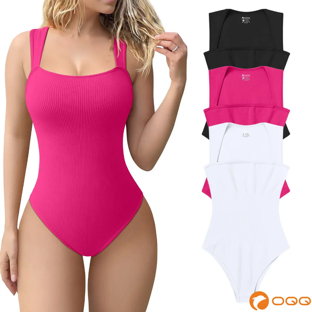 OQQ Women's 3 Piece Ribbed Bodysuits - Sexy Square Neck Sleeveless Tank Top Design - Stretchy  Soft Womenswear Underwear Lady Comfort Trendy,back to school,back to school shopping,clothes for back to school,first day of school outfits