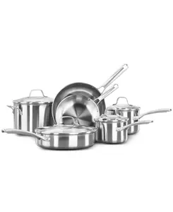 Calphalon Classic Stainless Steel 10-Pc Cookware Set with Tempered Glass Lids & Stay-Cool Handles for Gas Electric Ceramic Induction Safe - Aluminium