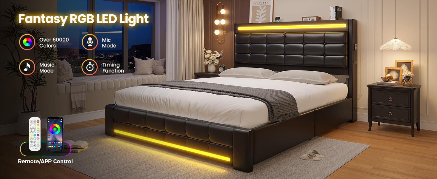 Sikaic LED Bed Frame with Storage Headboard 4 Drawers and Charging Station Leather Upholstered  Button Tufted Platform Bed Frame No Box Spring Needed Black PU