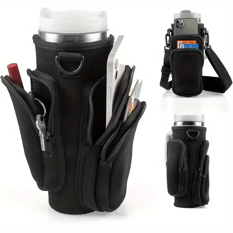 Water Bottle Carrier Bag with Phone Pocket for Stanley Cup 40/30oz,Insulated Neoprene Water Bottle Holder Pouch Cross-boday Bag with Adjustable Shoulder & Handheld Strap Stanley Cup Accessories 3 Pockets,camping essentials