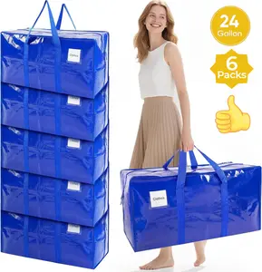 6 Pack Extra Large Moving Bags with Reinforced Handles,Up to 24 Gallon,Heavy-Duty Storage Tote for Dorm,Room Essentials with Strong Zipper,Packing Moving Boxes for College Supplies,Space Saving Storage with Label,Home Organiser,Bedding Containers,Blue