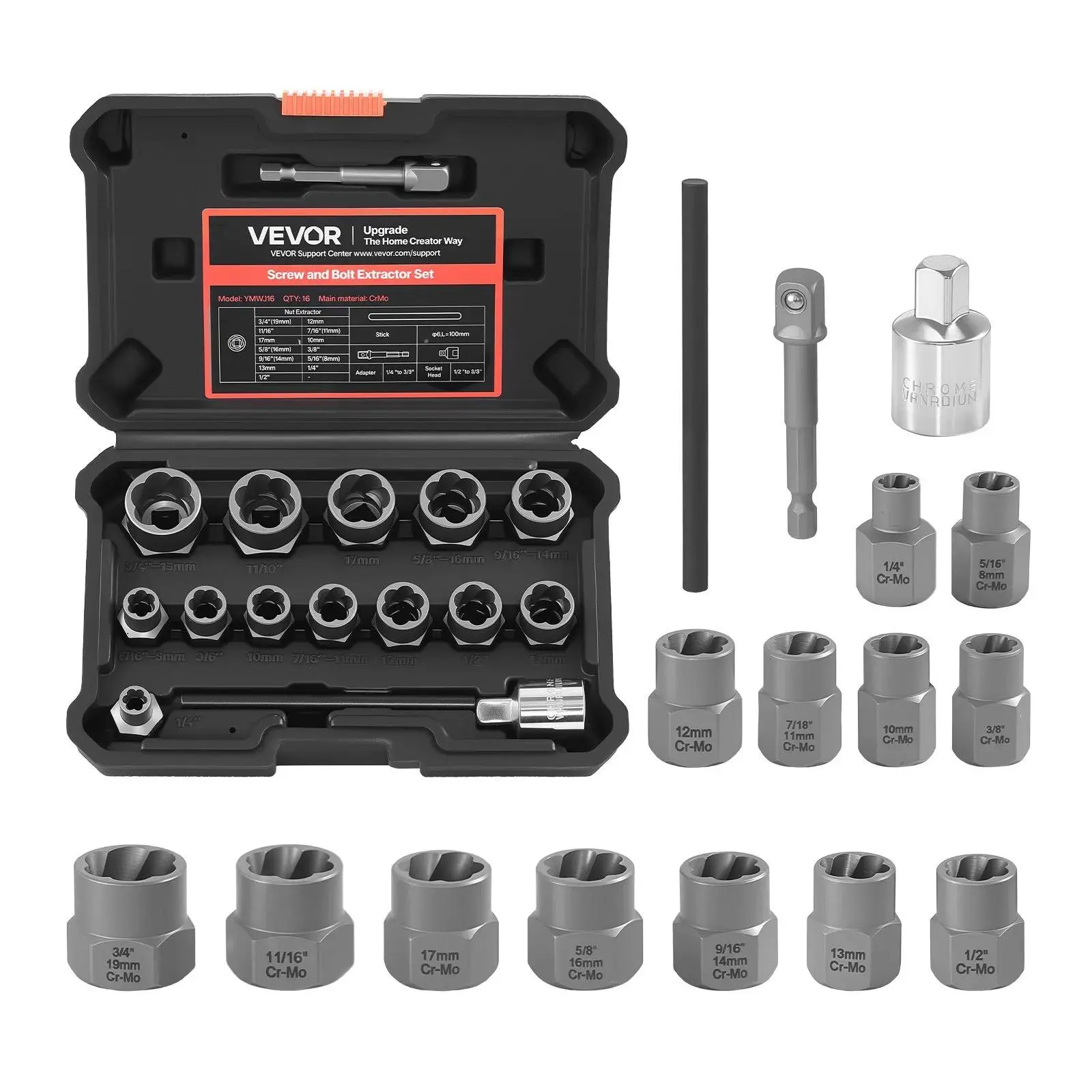 【toolupgrade】VEVOR Bolt Extractor Kit, 16-Piece Cr-Mo Steel Impact Set with 10 mm, 5/8"(16 mm) Extractors+Adapters, Pin Punch, Solid Storage Case for Mechanics’ Rusted, Stripped, Rust/Rounded Bolts, Nuts, Screws, Hrc50-55 Hardness, Plum Shape