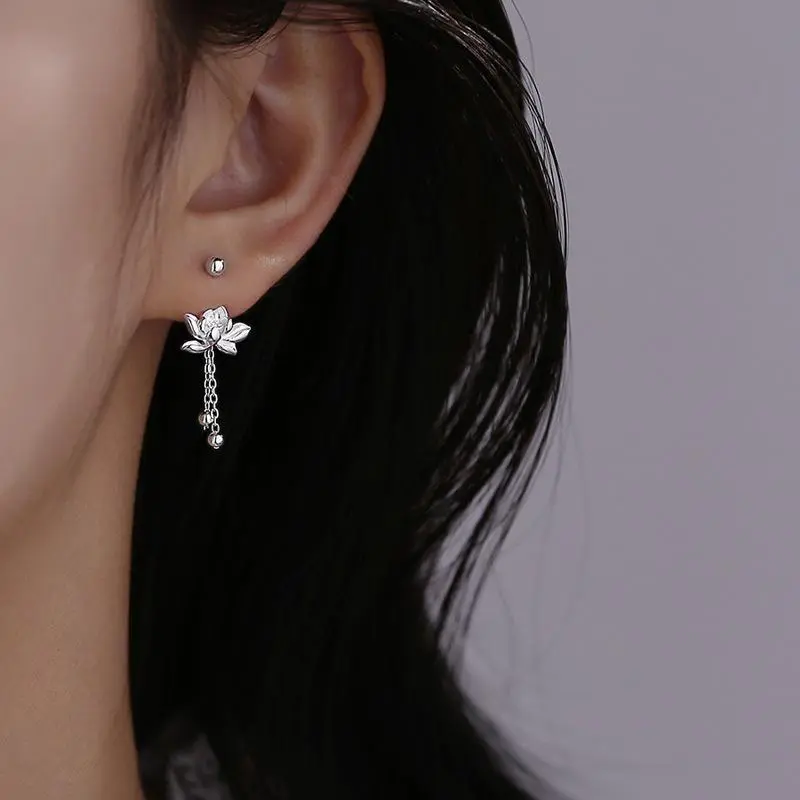 Cute Lotus Flower Earrings, 925 Sterling Silver Vintage Jewelry with Bowknot Detail, Perfect Sweet Gift for Her