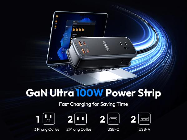 NTONPOWER 100W GAN Ultra Travel Power Strip, 7-in-1 USB C Charging Station with 3 Outlets 4 USB (2 Fast Charge)& 5FT Extension Cord, Compact Desktop Charger for MacBook, iPhone, Cruise, Office, Black