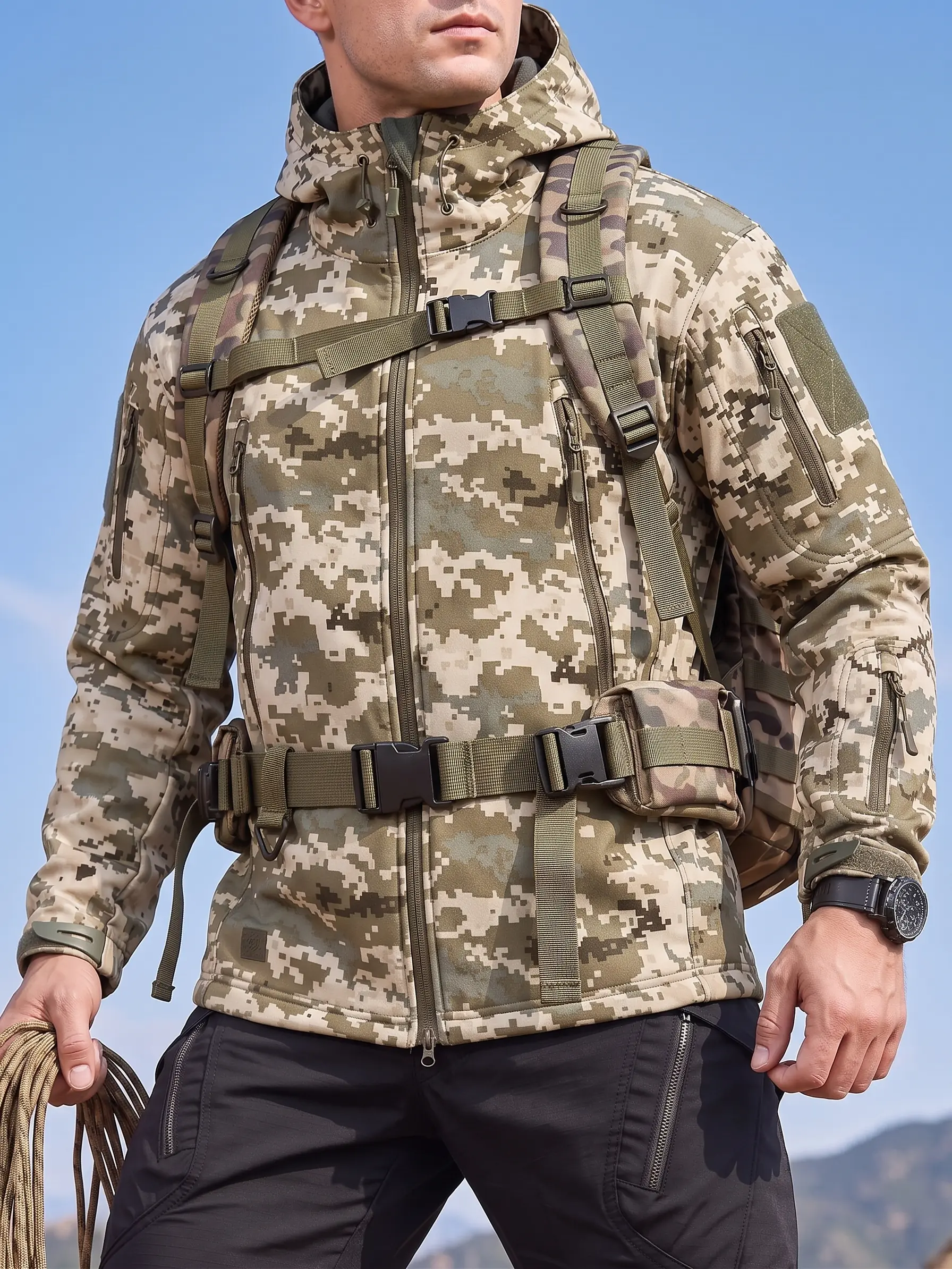 Men’s Camouflage Tactical Softshell Hooded Field Jacket - Full-Zip, Windproof, Waterproof, Multi-Pocket Outdoor Sports Outerwear for Hiking, Camping, Mountaineering