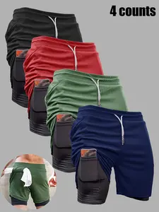 Men’s 4-Pack Summer Outdoor Sports Beach Quick-Dry Double-Layer Casual Stretch Bermuda Shorts, Suitable for Everyday Wear