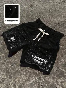 Men's Black Rhinestone "NO PRESSURE NO DIAMONDS" Sweat Shorts, Elastic Drawstring Waist, Y2K Streetwear Aesthetic, Premium Soft Fabric, Perfect for Street Style & Casual Daily Wear