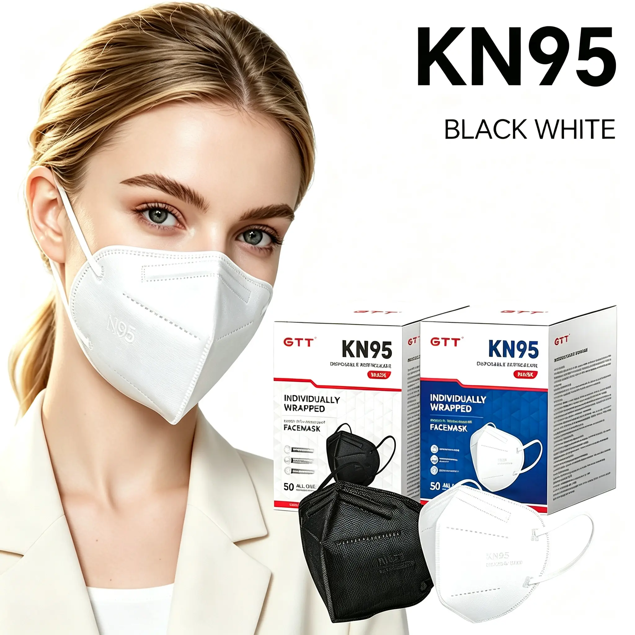 GTT KN95 Protective Disposable Masks for Adults, 100Pcs 5-Layered Breathable Respirators, Individual Wrap, Latex-Free, Blocks Dust, Smoke & Pollen