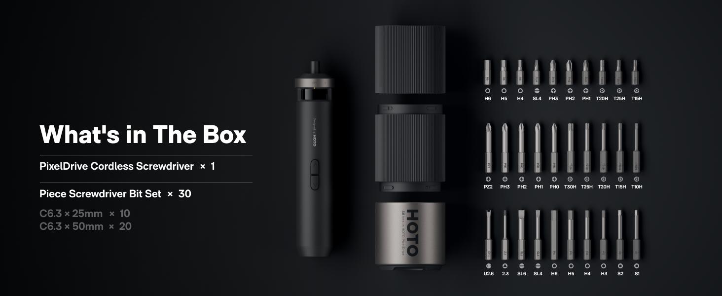 HOTO PixelDrive Electric Screwdriver, Smart Display, 6 Torque Settings, 0.5 to 6 N·m, 1/4'' Hex 30 Bits, LED Light, 2000 mAh Rechargeable Cordless Screwdriver Set for Electronics, Home Repair