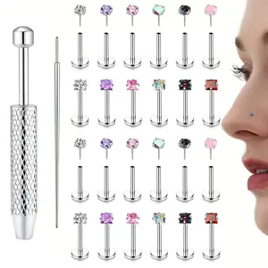 24Pcs Flat Back Stud Earrings with Grab Tool Set for Women - Hypoallergenic Surgical Steel Internal Thread Stud Piercing Jewelry for Tragus Helix Cartilage Conch Nose Lip Piercing Silver
