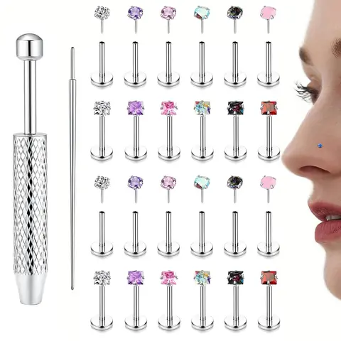 24Pcs Flat Back Stud Earrings with Grab Tool Set for Women - Hypoallergenic Surgical Steel Internal Thread Stud Piercing Jewelry for Tragus Helix Cartilage Conch Nose Lip Piercing Silver