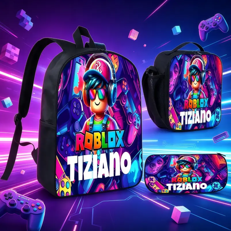 Gamer Backpack 3 Piece Set for Boys Kids School Bag with Insulated Lunch Box Pencil Case Personalized Roblox Gaming Bookbag Elementary Middle School Student Mochilas Para Niños