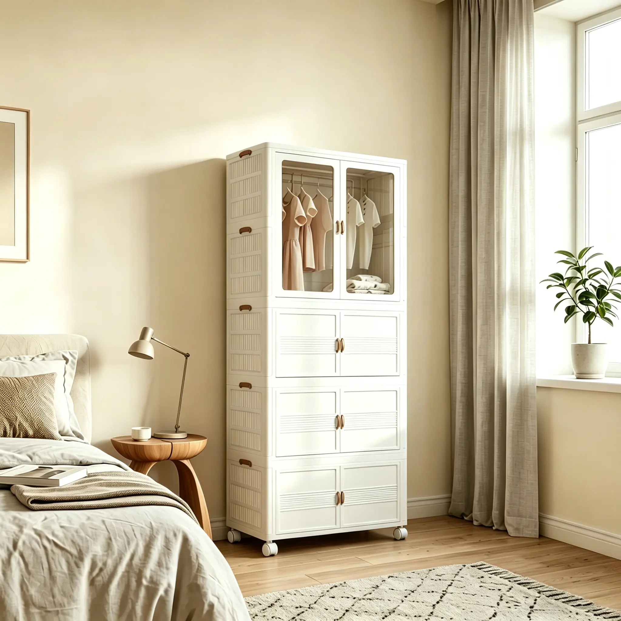 Compact Foldable Plastic Storage Wardrobe - Home Organizer with Magnetic Doors, Lockable Wheels for Modern Home Organization