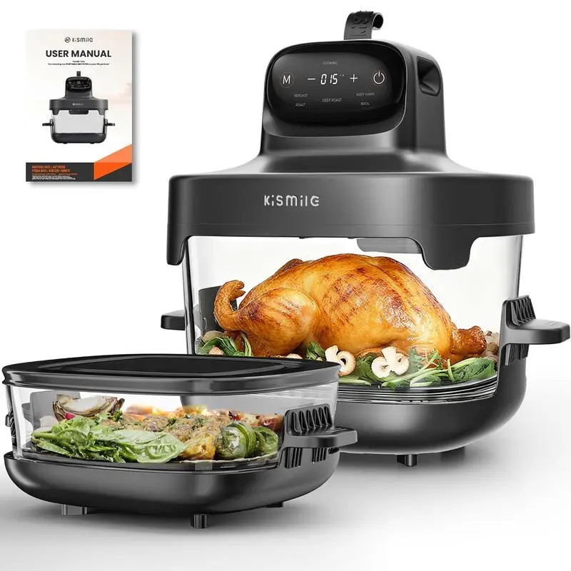 Kismile 5-in-1 Glass Air Fryer Multifunctional Cooker - 4.7QT & 2.6QT Dual Bowls, 1500W Turbo Heater, Adjustable Temp & Time, Dishwasher Safe, Bake/Roast/Keep Warm, Countertop Kitchen Appliance, Airfryer
