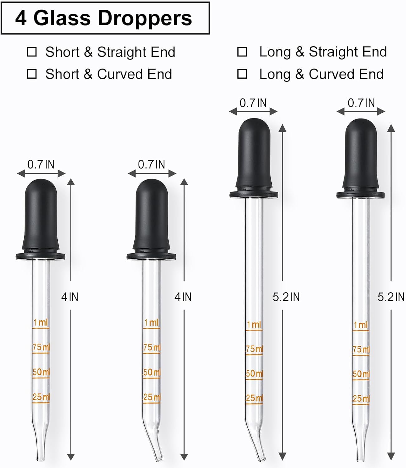 4 Pack, 1 mL Glass Eye Dropper with Measurement - Long & Short, Bent & Straight Tip Calibrated Glass Medicine Droppers Health Care Healthcare Kit