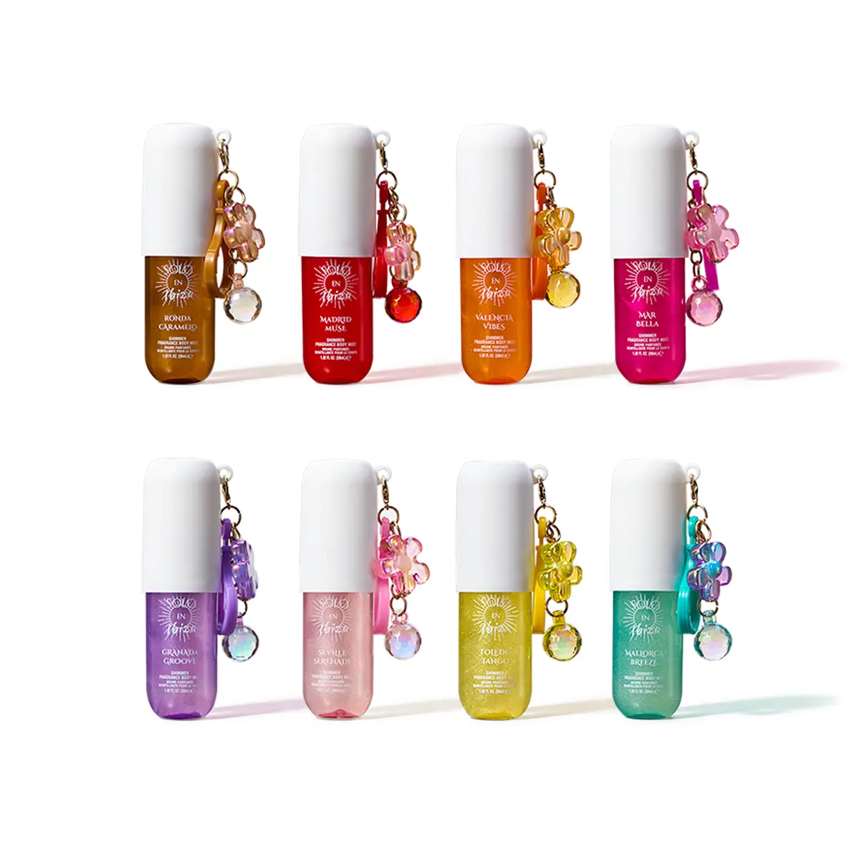 SOLO EN IBIZA Shimmer Body Mist Set - 8 Exquisite Cosmetic Scent Fragrances, Perfume-Level Strength, Dewy Skin Lasting Glow, Mini Travel Beauty Products (8x30ml) Dynamic Fragrance Mist, Mini Travel Products, Travel Must Haves
