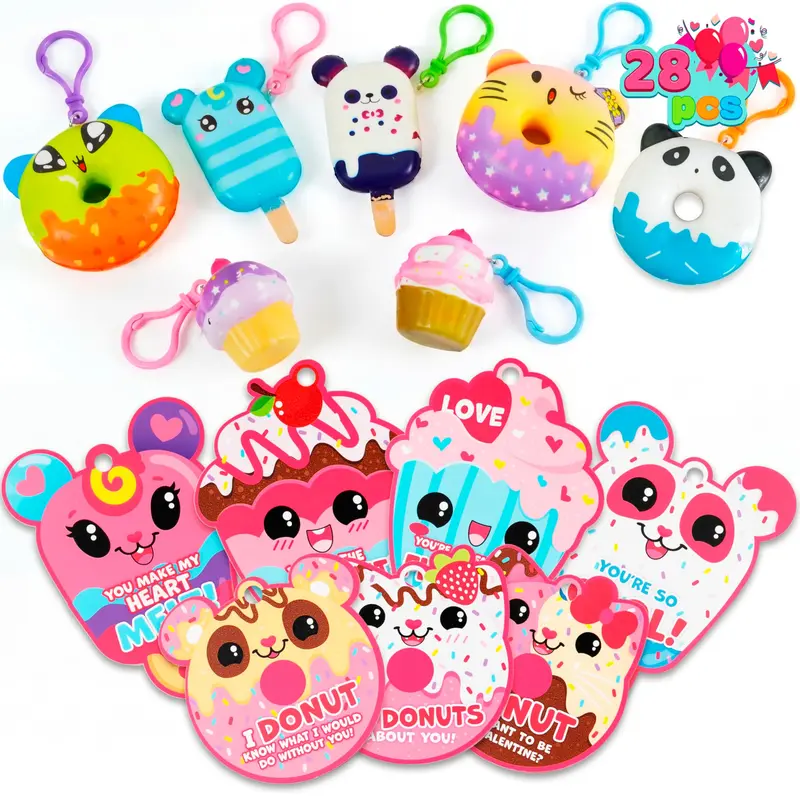28Pcs&30pcs Dessert Squishy Toys Keychains with Kids Valentines Cards for Classroom Exchange Gifts 2025 Valentine Exchange Cards  Various decorations are available for selection.