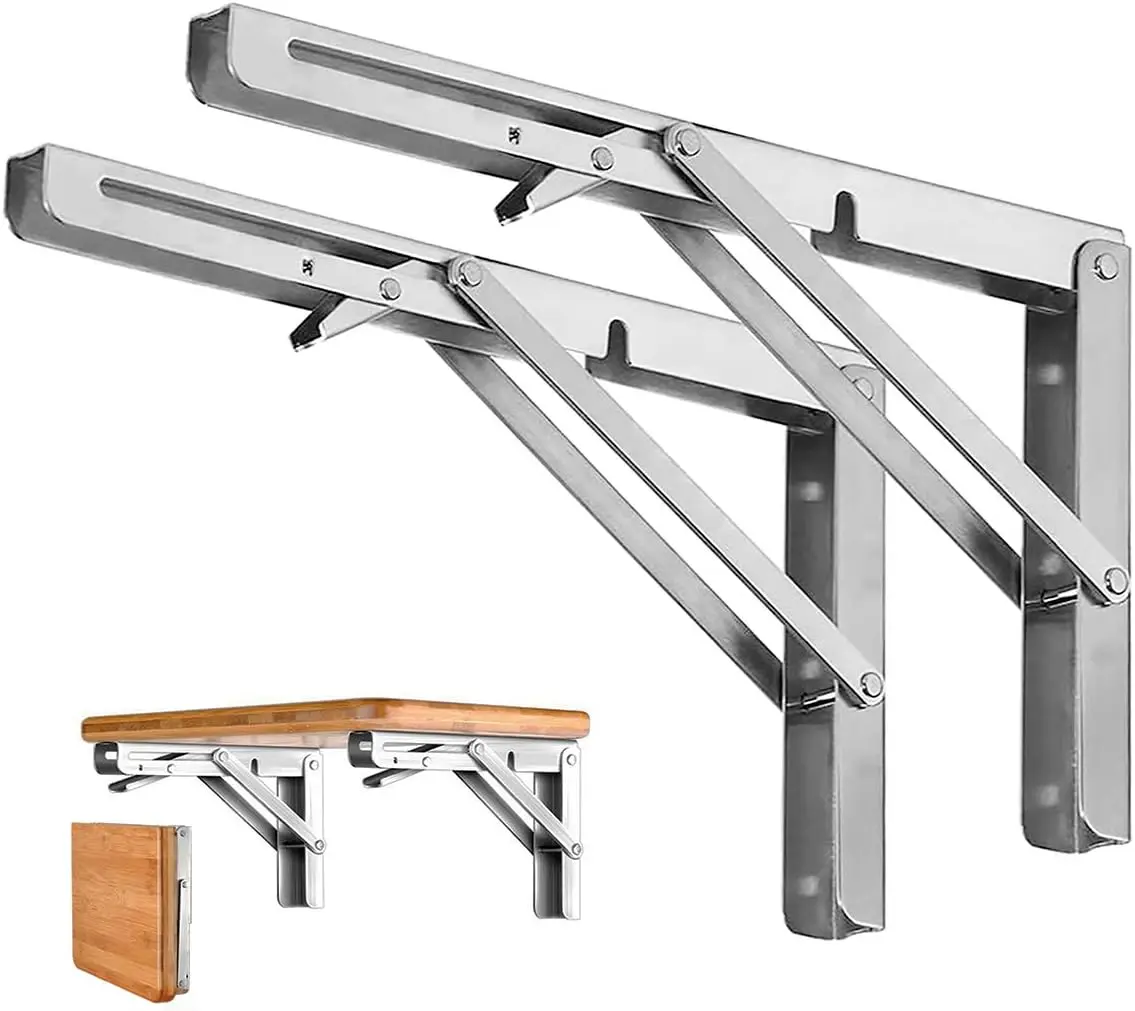 2PCS Folding Shelf Brackets - Heavy Duty Stainless Steel Collapsible Shelf Bracket for Bench Table, Space Saving DIY Bracket Adjustable Hooks Self Drilling Screws Decor Room