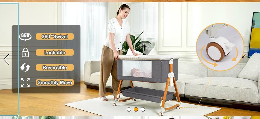 Baby Bassinet Crib Sleeper, 6 Height Adjustable Cribs, Easy to Fold Portable Crib Side Bassinet, Swing Cradle Bed Side Sleeper with Ventilated Net&Wheels