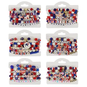 18pcs Mix 4th of July Patriotic Multilayer Beaded Bracelets for Women Girls, Stackable Red White Blue Bracelets with USA Letter Beads American Flag & Star Charms, Acrylic Crystal Gold Spacer Beads for Independence Day Party Patriotic Events Holiday Gift