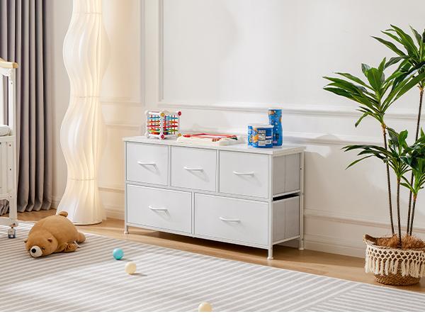Cupboards Cabinets Dresser Fabric Storage Tower with 5 Drawers Bedroom Organizer Chest of Drawers with Fabric Bins for Bedroom Closet Entryway Large Storage Solid Stable Multifunctional Use