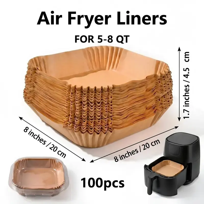 100pcs Thick Double-Sided Square Silicone Oil Parchment Paper Liners, 8 inches/20 cm, Disposable Air Fryer Baking Sheets, Compatible with 5-8 Qt Air Fryers, Kitchen Bakeware Supplies