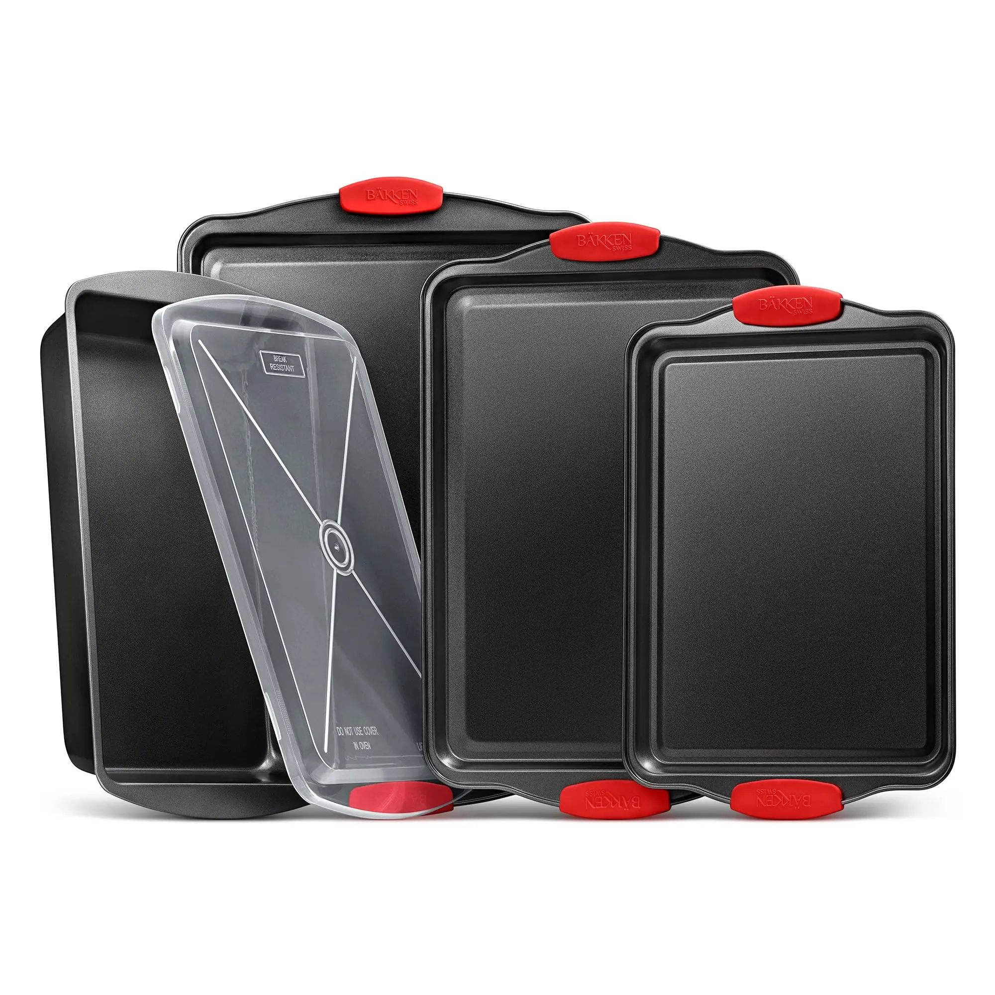 Bakken Nonstick Cookie Sheet Pans Set of 5 - Professional Quality Carbon Steel Baking Sheet Trays with Gray Coating Inside & Outside – Small, Medium, Large Pans, Roaster Pan, and Plastic Lid, Bakeware