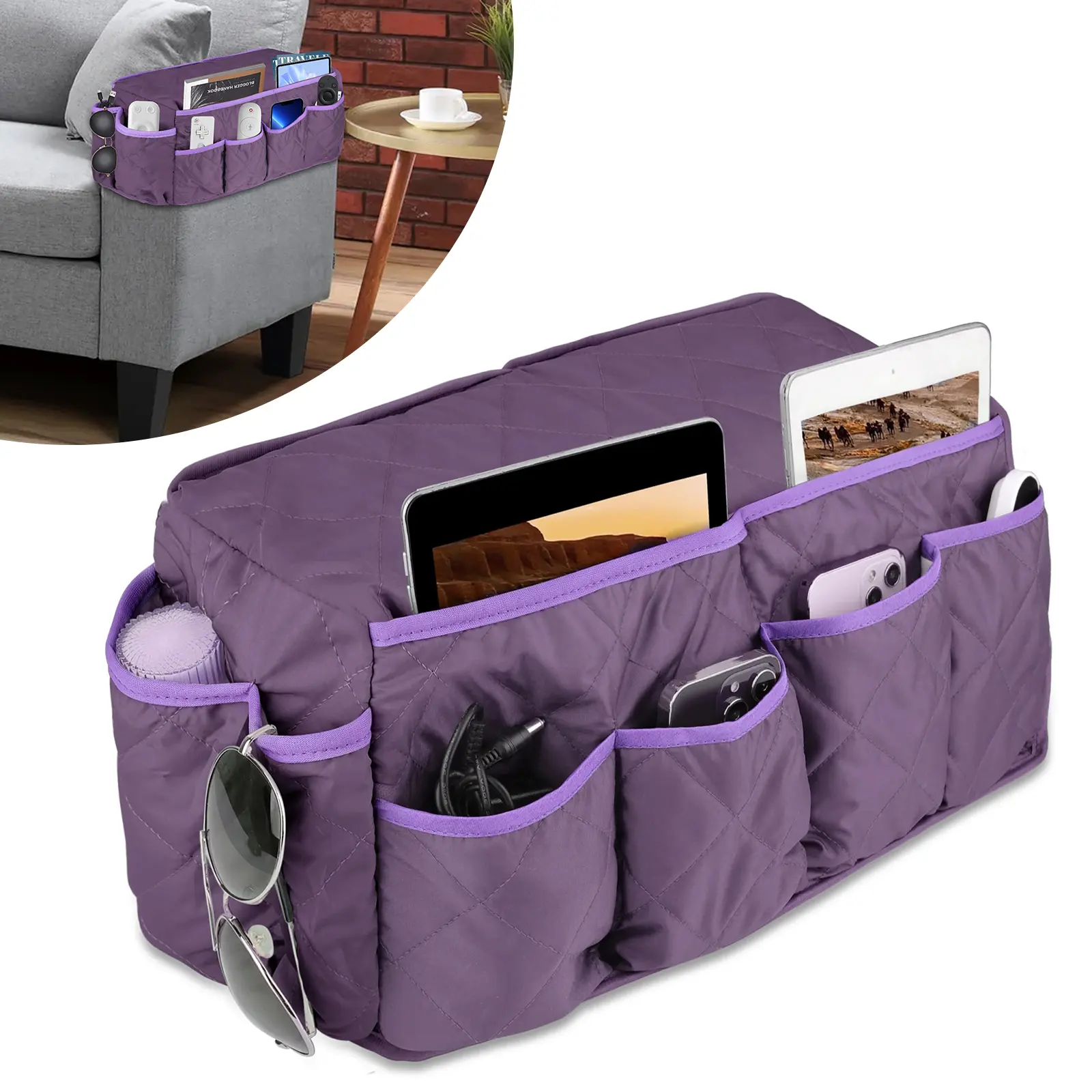Classic Sofa Armrest Organizer Bag - Non-Slip Hanging Home Supplies Caddy with 14 Pockets for Remote Controls, Phones, Books - Living Room Organization Ideas Eye Care Storage Solution
