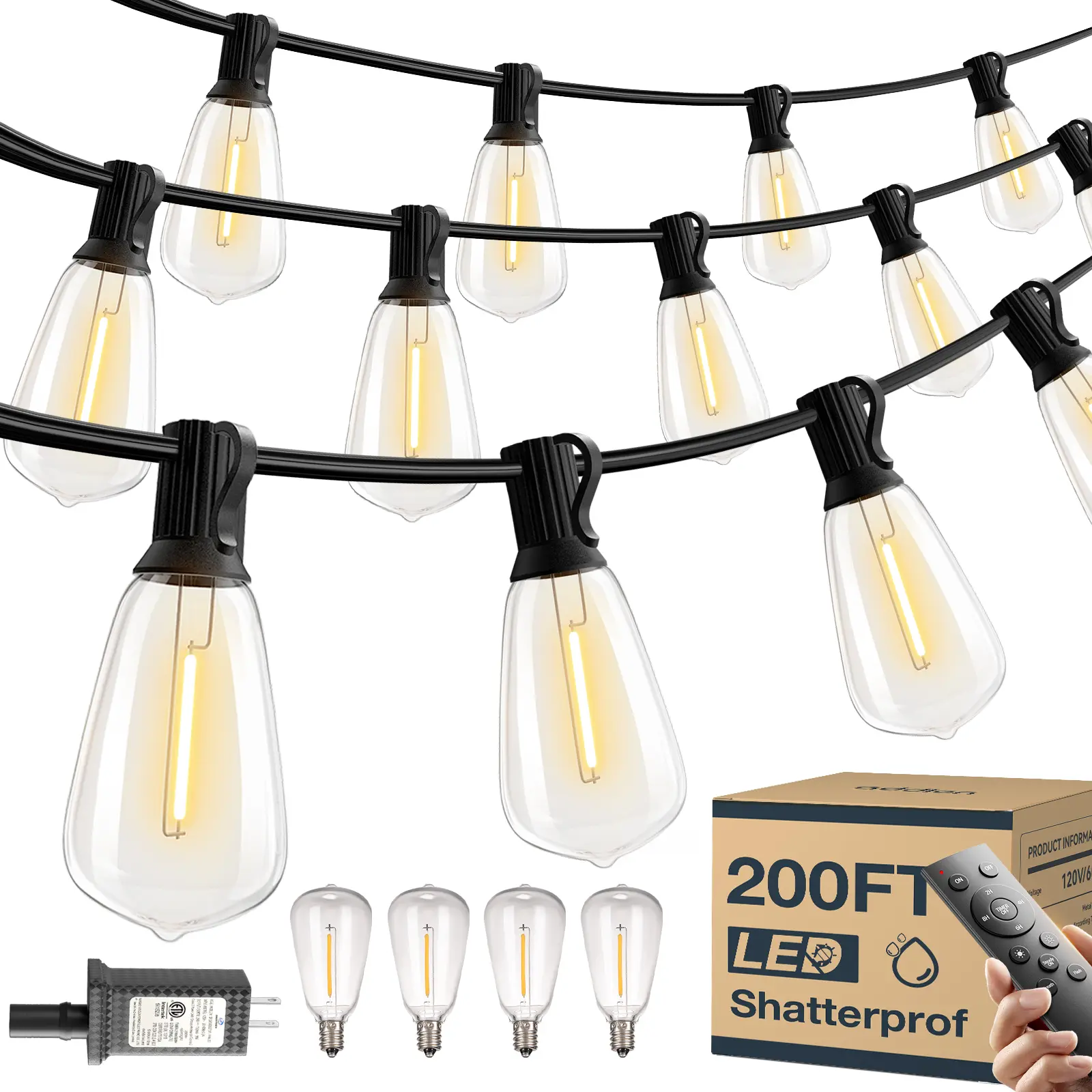 LED Outdoor String Lights - ETL Listed, IP65 Waterproof ,Shatterproof ST38 Bulbs, Dimmable & Connectable, Warm White For Garden, Porch, Patio, Balcony, Backyard, Bistro, Party & Holiday Gift