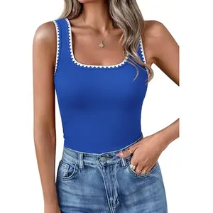 Yousify Women's Square Neck Tank Tops 2025 Summer Sleeveless Shirts Casual Slim Fitted Color Block Ribbed Tanks for Vacation Beach Home Workout Daily Wear