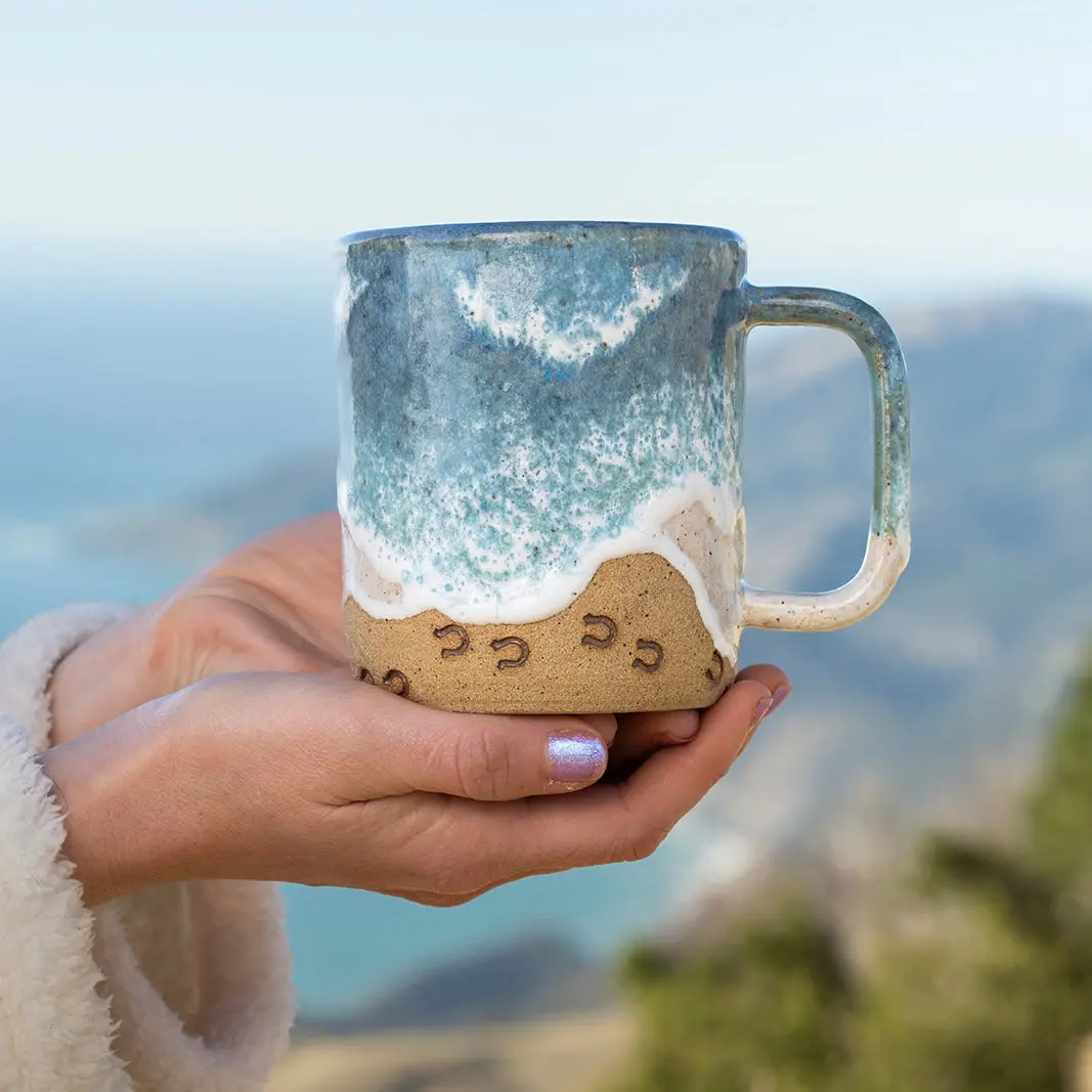 Handmade Horse Hoof Prints on the Beach Ceramic Mug: Ocean Shoreline Coffee/Tea Cup