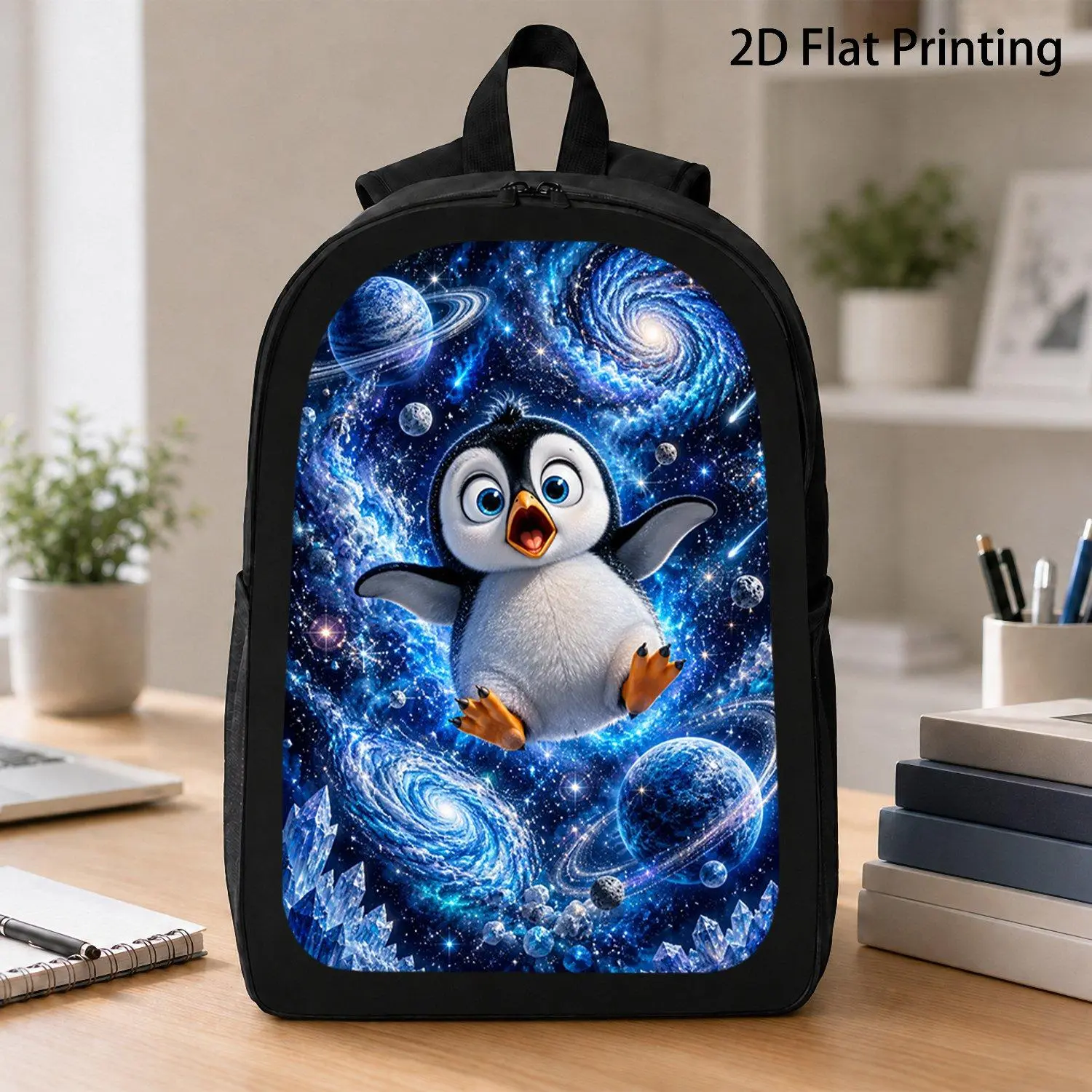 17 Inch Deep Space Crystal Planet Star Meteor Universe Print Excited Baby Penguin Youth Backpack Swirl Galaxy Artistic Design Spacious Durable Comfort Travel School Bag