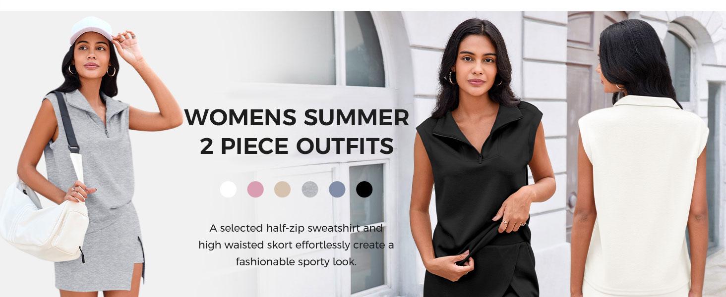 [HOT] Fisoew Womens 2 Piece Skirt Sets Summer Sleeveless Half Zip Sweatshirt Athletic Skorts Tennis Outfits Casual Sweatsuits #SpringStatements