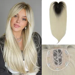 Auvzyhair Synthetic Hair Topper with Bangs 18 Inch Layered Toppers for Women with Thinning Hair 6" x 6" Hand Tied Forehead Hairline 360° 3D Cover Wispy Synthetic Toppers Hair for Women Pre Cut Wig