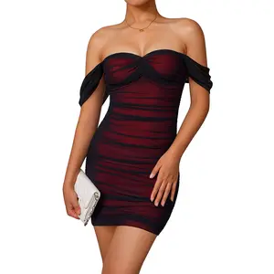 HYZ Women's Summer Sexy Bodycon Off Shoulder Sleeveless Mesh Ruched Mini Party Dress
