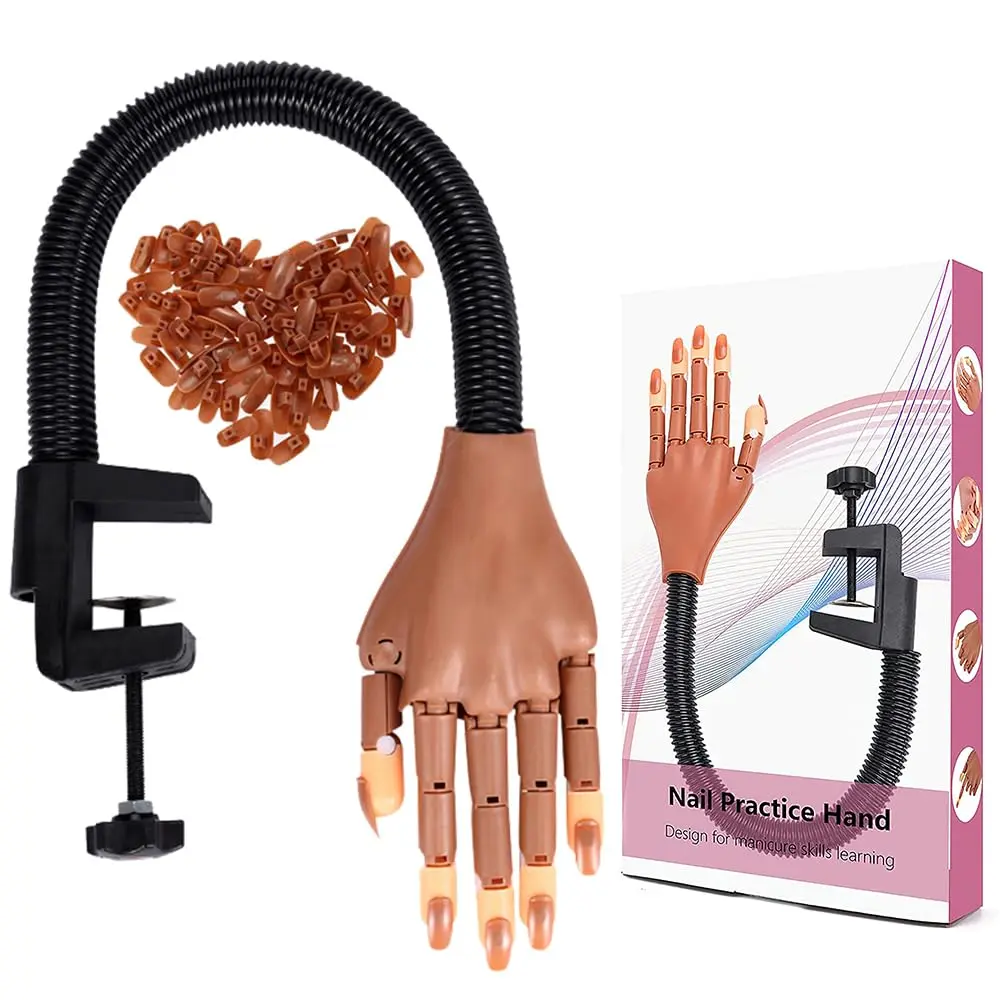 Practice Hand for Acrylic Nails - Flexible Movable Nail Training Hand with 100 PCS Refill False Nail Tips